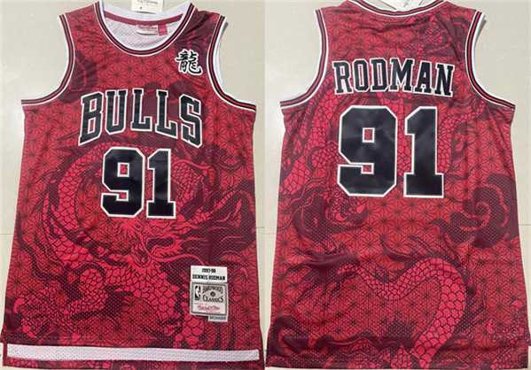 Mens Chicago Bulls #91 Dennis Rodman Red 1997-98 Throwback Stitched Basketball Jersey Mixiu